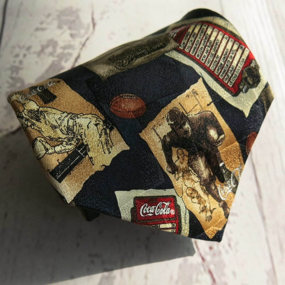 Coca Cola Brand Multi Color Athletic Sports Print 100% Silk Novelty Neck Tie Y2K
